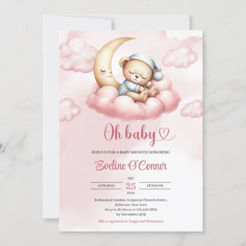 Watercolor pink teddy bear sleeping over the moon invitation