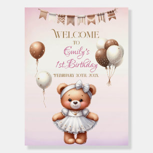 Watercolor Pink Teddy First Birthday Welcome Sign