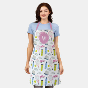Watercolor Pink Tennis Pattern Monogram Apron