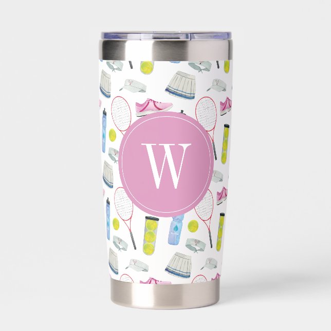 Watercolor Pink Tennis Pattern Monogram Insulated Tumbler (Front)