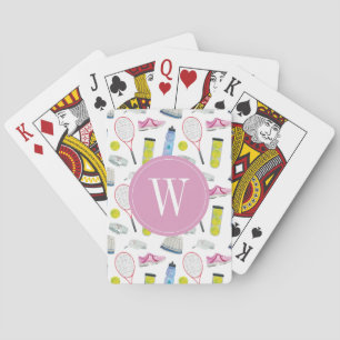 Watercolor Pink Tennis Pattern Monogram Poker Cards