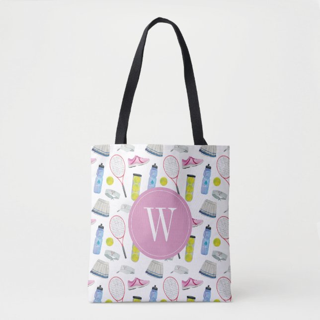 Watercolor Pink Tennis Pattern Monogram Tote Bag (Front)