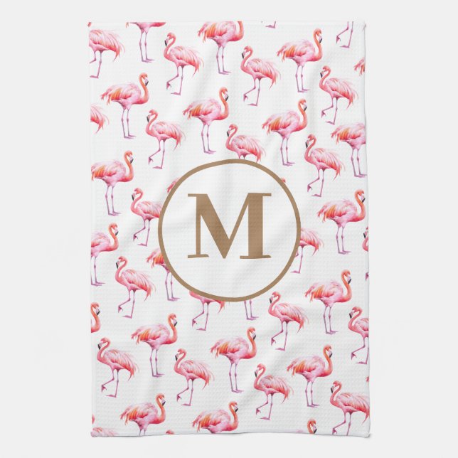 Watercolor Pink Tropical Flamingo Custom Monogram Kitchen Towel (Vertical)