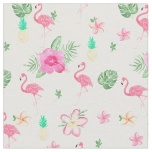 Watercolor pink tropical flamingo summer flowers fabric