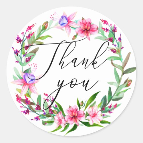 Watercolor pink tropical floral wedding thank you classic round sticker