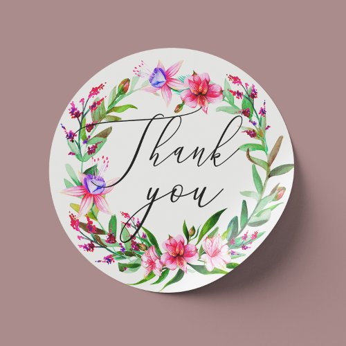 Watercolor pink tropical floral wedding thank you classic round sticker
