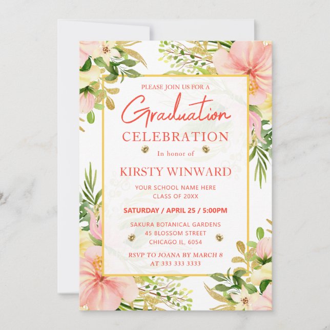 Watercolor Pink Tropical Flowers Graduation Invitation (Front)