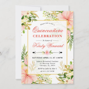 Watercolor Pink Tropical Flowers Quinceanera Invitation