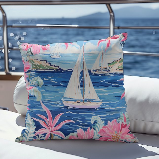 Watercolor Pink Tropical Sailboat Coastal Outdoor  Throw Pillow (Creator Uploaded)