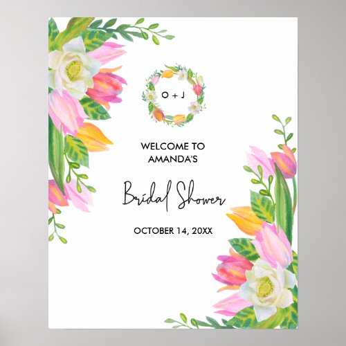 Watercolor Pink Tulip Bridal Shower Welcome Poster