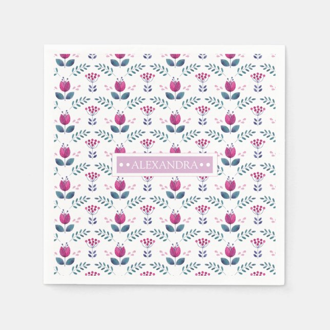 Watercolor Pink Tulip chic design monogram Napkins (Front)
