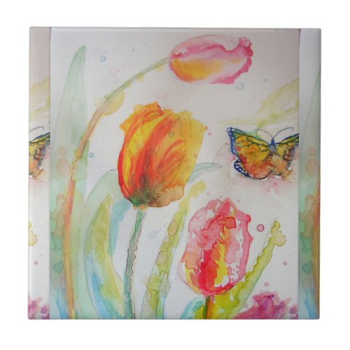 Watercolor Pink Tulip Floral Ceramic Tile