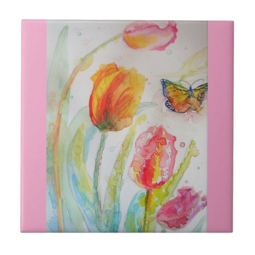 Watercolor Pink Tulip Floral flower Ceramic Tile