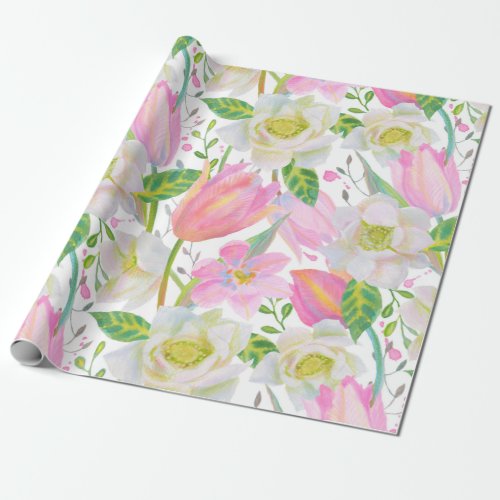 Watercolor Pink Tulip Floral Pattern Gift Wrapping Paper