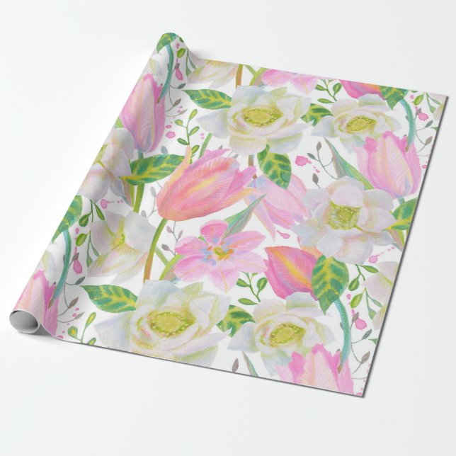 Watercolor Pink Tulip Floral Pattern Gift Wrapping Paper (Unrolled)
