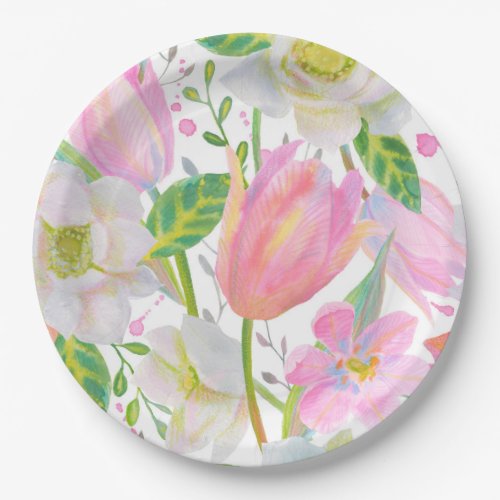 Watercolor Pink Tulip Pattern Party Paper Plate