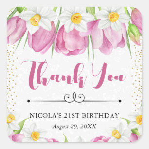 Watercolor Pink Tulips and Daffodils Birthday Square Sticker