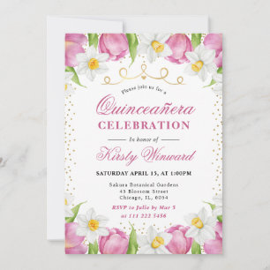 Watercolor Pink Tulips and Daffodils Quinceanera Invitation