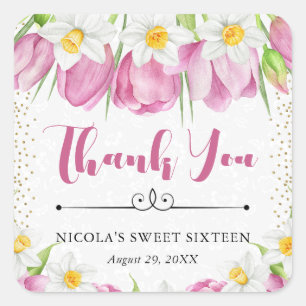 Watercolor Pink Tulips and Daffodils Sweet Sixteen Square Sticker