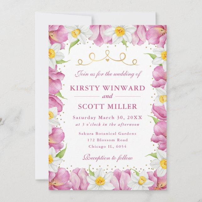 Watercolor Pink Tulips and Daffodils Wedding Invitation (Front)