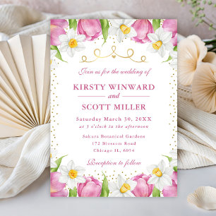 Watercolor Pink Tulips and Daffodils Wedding Invitation
