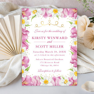 Watercolor Pink Tulips and Daffodils Wedding Invitation