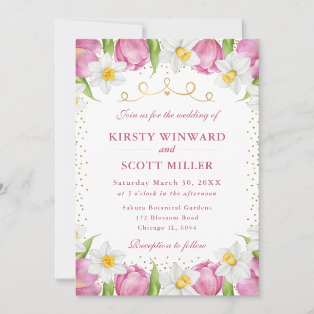 Watercolor Pink Tulips and Daffodils Wedding Invitation (Front)