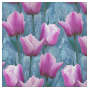 Watercolor Pink Tulips & Blue Stucco Fabric