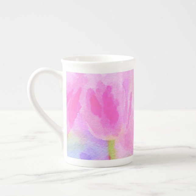 Watercolor Pink Tulips Bone China Mug (Left)