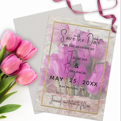 Watercolor Pink Tulips Bouquet Save The Date  Invitation