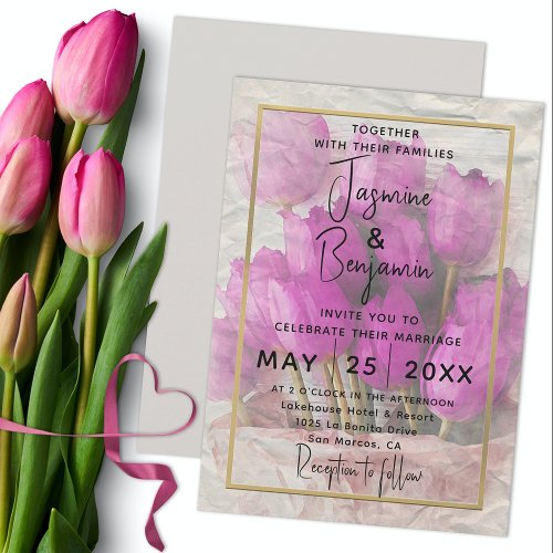 Watercolor Pink Tulips Bouquet Wedding Invitation