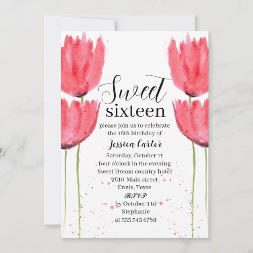 Watercolor Pink tulips Floral Sweet 16 Sixteen Invitation