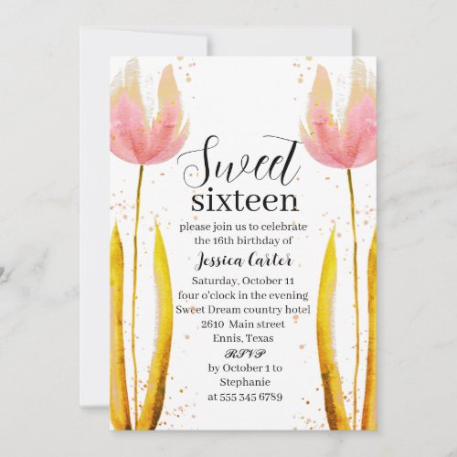 Watercolor Pink Tulips Floral Sweet 16 Sixteen Invitation
