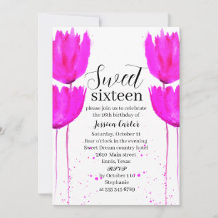 Watercolor Pink tulips Floral Sweet 16 Sixteen Invitation