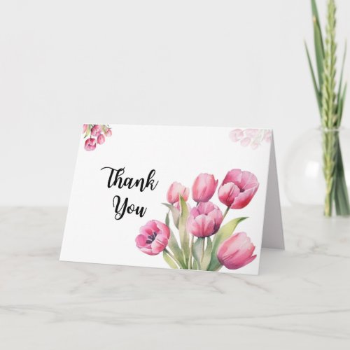 Watercolor pink Tulips folded Thank You Card