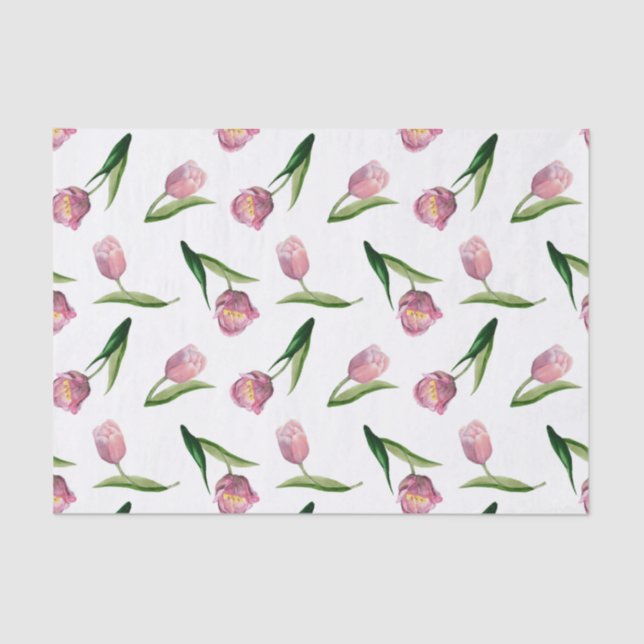 Watercolor Pink Tulips Seamless Pattern Tissue Paper (Front)