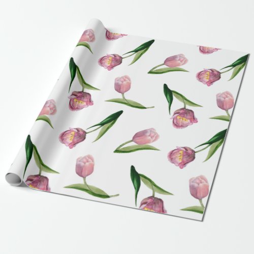 Watercolor Pink Tulips Seamless Pattern Wrapping Paper