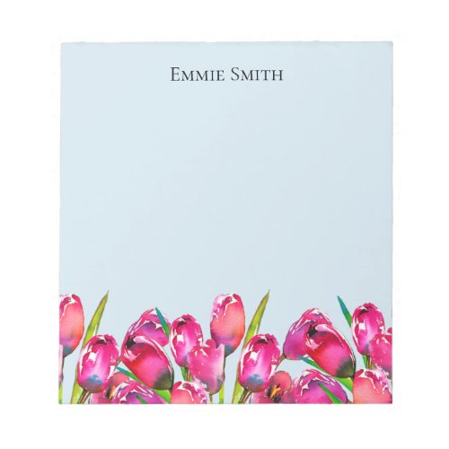 Watercolor Pink Tulips Sky Blue Personalized Notepad