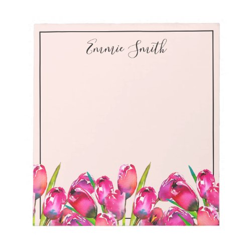 Watercolor Pink Tulips Sky Blue Personalized Notepad