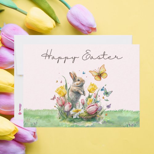 Watercolor Pink Tulips Yellow Tulips Happy Easter Note Card