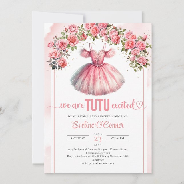 Watercolor pink tutu dress roses and gold arched invitation (Front)
