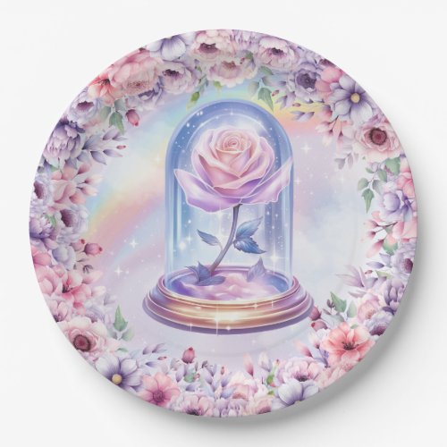 Watercolor Pink Unicorn and Fairy Rose in Globe Paper Plates
