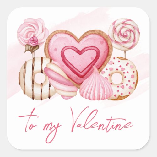 Watercolor Pink Valentines Cookies and Sweets  Square Sticker