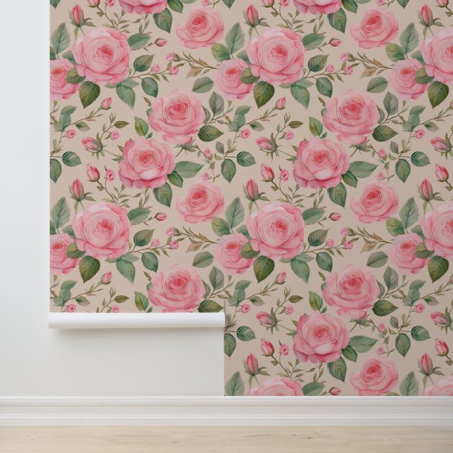 Watercolor Pink Victorian Roses Greenery on Cream Wallpaper (Application)