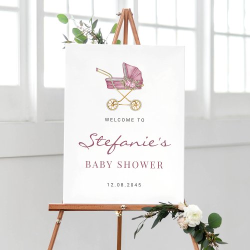 Watercolor Pink Vintage Stroller Boy Baby Shower Poster