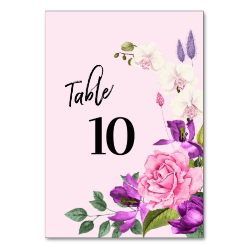 Watercolor Pink Violet Floral Modern Script Table Number