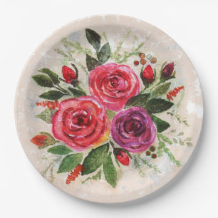 Watercolor pink violet purple roses flowers floral paper plates