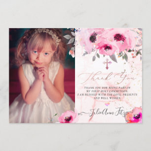 Watercolor Pink Water Roses Communion Thank You Invitation