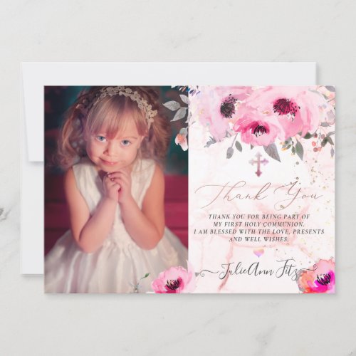 Watercolor Pink Water Roses Communion Thank You Invitation