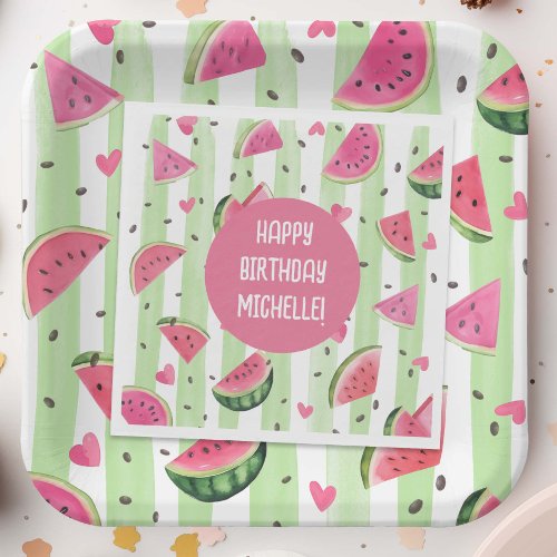 Watercolor Pink Watermelon Summer Girl Birthday Napkins
